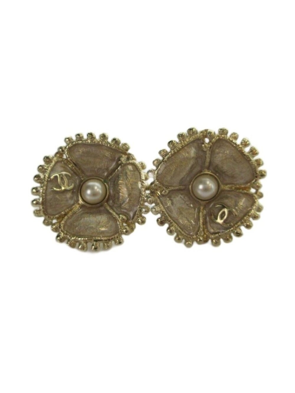 Chanel Stud Earrings Clover CC Logo Faux Pearl Champagne Gold Color MQ AA